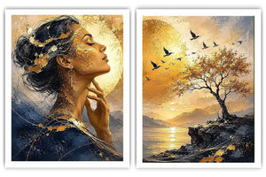 Elegant female portrait and sunset landscape diptych canvas art for luxury living room decor.