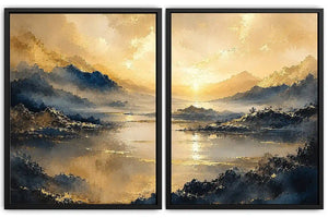 Golden mountain lake diptych canvas art for serene modern living room decor.