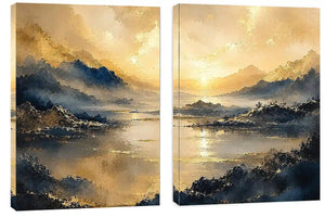 Golden mountain lake diptych canvas art for serene modern living room decor.