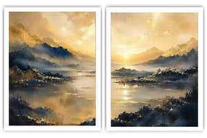 Golden mountain lake diptych canvas art for serene modern living room decor.