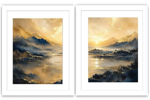 Golden mountain lake diptych canvas art for serene modern living room decor.
