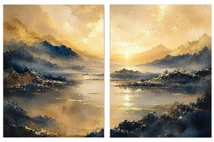 Golden mountain lake diptych canvas art for serene modern living room decor.
