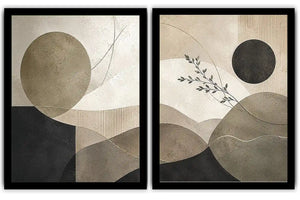 Neutral abstract geometric diptych canvas art with botanical branch for modern living room decor.