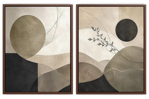 Neutral abstract geometric diptych canvas art with botanical branch for modern living room decor.