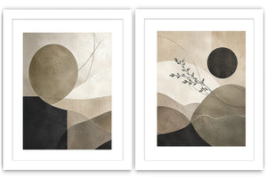 Neutral abstract geometric diptych canvas art with botanical branch for modern living room decor.