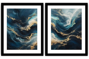 Abstract ocean wave diptych canvas art in navy, teal and gold for luxury living room decor.