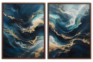 Abstract ocean wave diptych canvas art in navy, teal and gold for luxury living room decor.