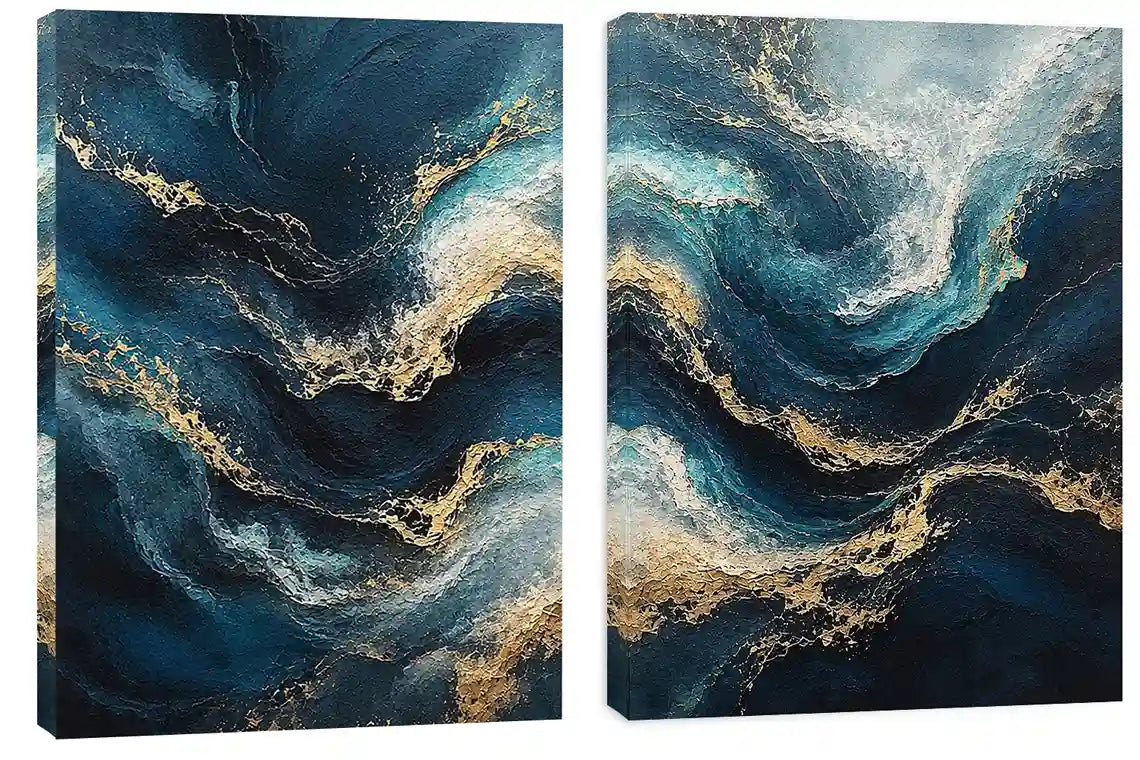 Abstract ocean wave diptych canvas art in navy, teal and gold for luxury living room decor.