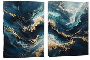 Abstract ocean wave diptych canvas art in navy, teal and gold for luxury living room decor.