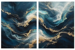 Abstract ocean wave diptych canvas art in navy, teal and gold for luxury living room decor.