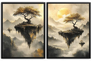 Dreamy floating island landscape canvas art with golden trees for luxury living room decor.