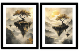 Dreamy floating island landscape canvas art with golden trees for luxury living room decor.