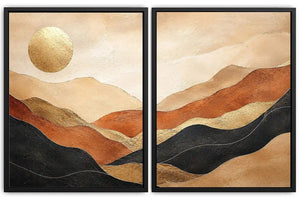 Warm desert landscape diptych canvas art with golden sun for modern living room decor.