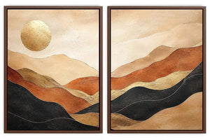 Warm desert landscape diptych canvas art with golden sun for modern living room decor.