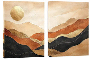 Warm desert landscape diptych canvas art with golden sun for modern living room decor.