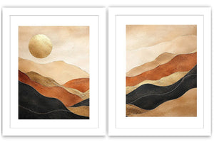 Warm desert landscape diptych canvas art with golden sun for modern living room decor.