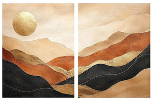 Warm desert landscape diptych canvas art with golden sun for modern living room decor.