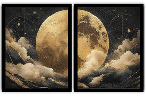 Celestial moon and cloud diptych canvas art in black and gold for luxury living room decor.