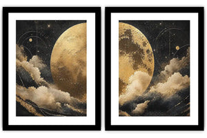 Celestial moon and cloud diptych canvas art in black and gold for luxury living room decor.