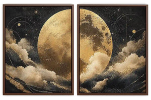 Celestial moon and cloud diptych canvas art in black and gold for luxury living room decor.