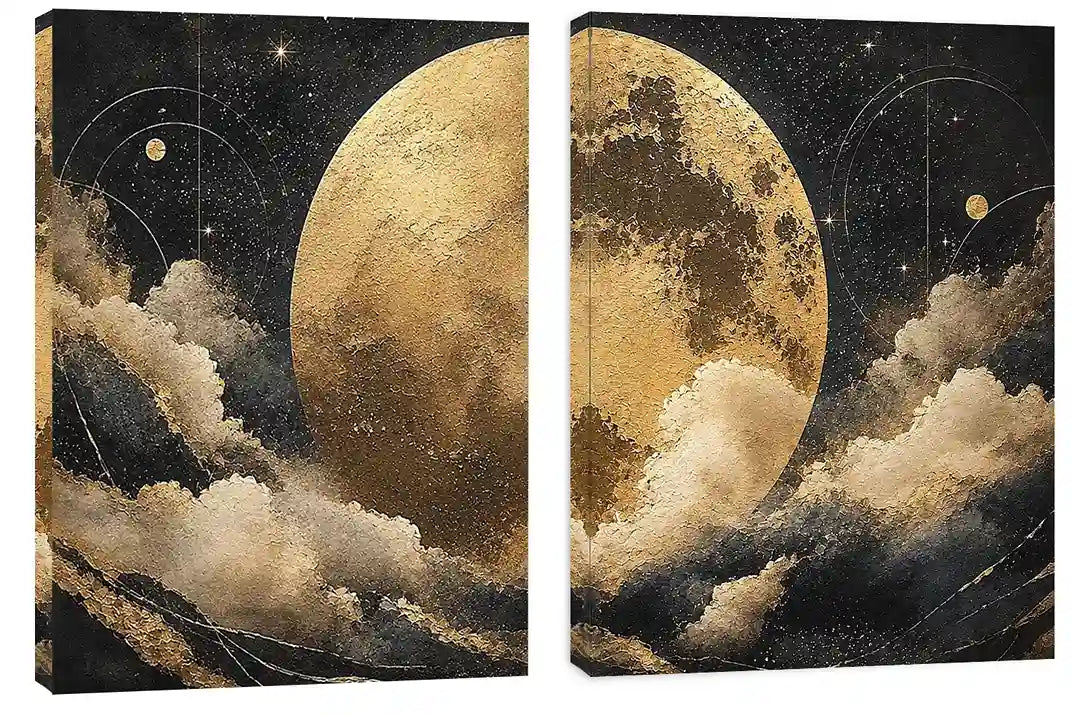 Celestial moon and cloud diptych canvas art in black and gold for luxury living room decor.