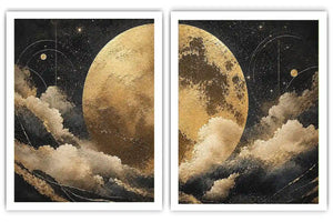 Celestial moon and cloud diptych canvas art in black and gold for luxury living room decor.