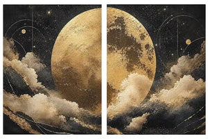 Celestial moon and cloud diptych canvas art in black and gold for luxury living room decor.