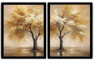 Golden autumn tree diptych canvas art for modern living room and office decor