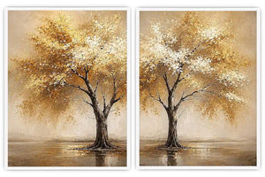 Golden autumn tree diptych canvas art for modern living room and office decor