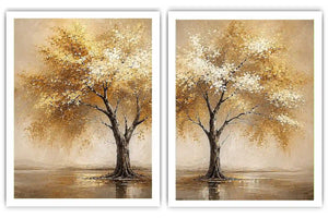 Golden autumn tree diptych canvas art for modern living room and office decor