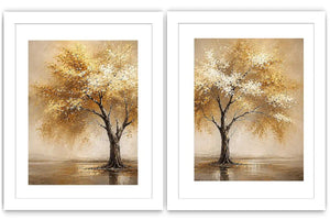 Golden autumn tree diptych canvas art for modern living room and office decor