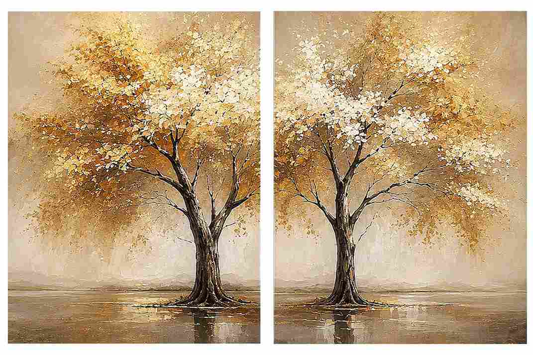 Golden autumn tree diptych canvas art for modern living room and office decor