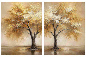 Golden autumn tree diptych canvas art for modern living room and office decor