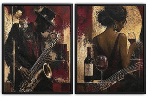Moody jazz musician diptych canvas art with woman, wine and guitar for luxury home bar decor.