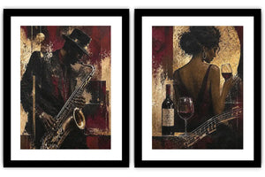 Moody jazz musician diptych canvas art with woman, wine and guitar for luxury home bar decor.