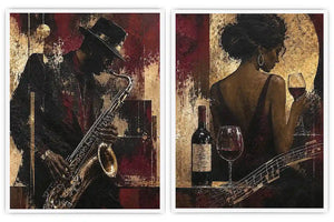 Moody jazz musician diptych canvas art with woman, wine and guitar for luxury home bar decor.