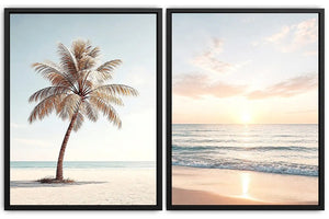 Coastal palm tree and ocean sunrise diptych canvas art for relaxed living room decor.