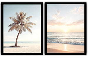 Coastal palm tree and ocean sunrise diptych canvas art for relaxed living room decor.