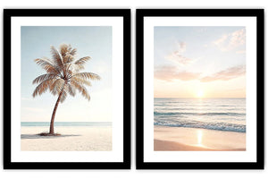 Coastal palm tree and ocean sunrise diptych canvas art for relaxed living room decor.
