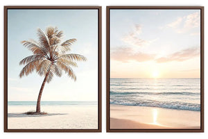 Coastal palm tree and ocean sunrise diptych canvas art for relaxed living room decor.