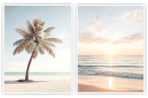 Coastal palm tree and ocean sunrise diptych canvas art for relaxed living room decor.