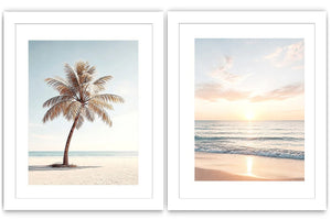 Coastal palm tree and ocean sunrise diptych canvas art for relaxed living room decor.