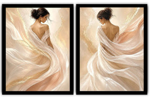 Elegant female figure diptych canvas art with flowing fabric for soft luxury bedroom decor.