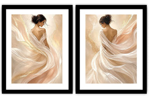 Elegant female figure diptych canvas art with flowing fabric for soft luxury bedroom decor.