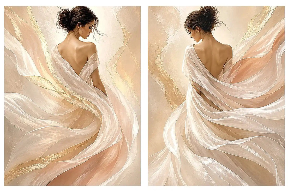 Elegant female figure diptych canvas art with flowing fabric for soft luxury bedroom decor.