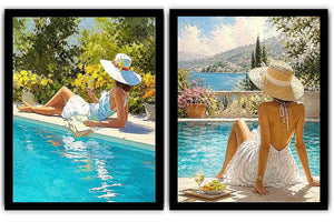 Mediterranean poolside women diptych canvas art for relaxed coastal living room decor.
