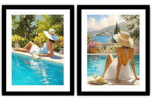 Mediterranean poolside women diptych canvas art for relaxed coastal living room decor.