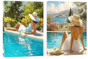 Mediterranean poolside women diptych canvas art for relaxed coastal living room decor.