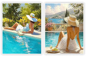 Mediterranean poolside women diptych canvas art for relaxed coastal living room decor.