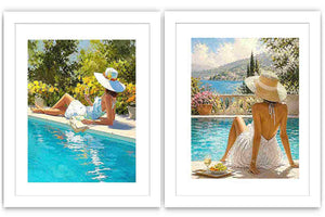 Mediterranean poolside women diptych canvas art for relaxed coastal living room decor.